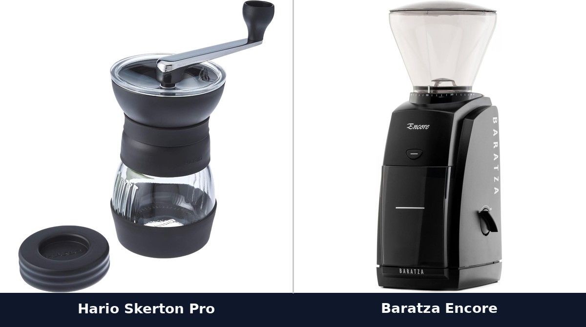 Hario Skerton Pro hand grinder and Baratza Encore burr grinder: the two gear picks in this guide