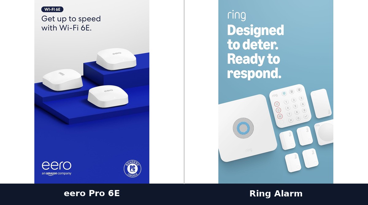 Amazon eero Pro 6E and Ring Alarm product photos side by side, illustrating the shared Amazon ecosystem